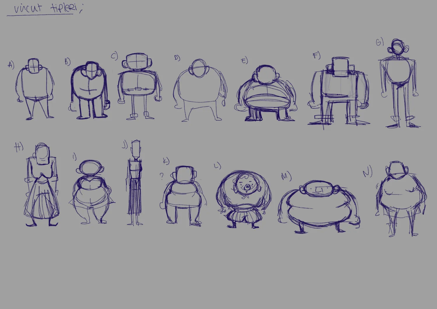 Fourteen rough figure silhouettes labelled A to N in blue pen on grey