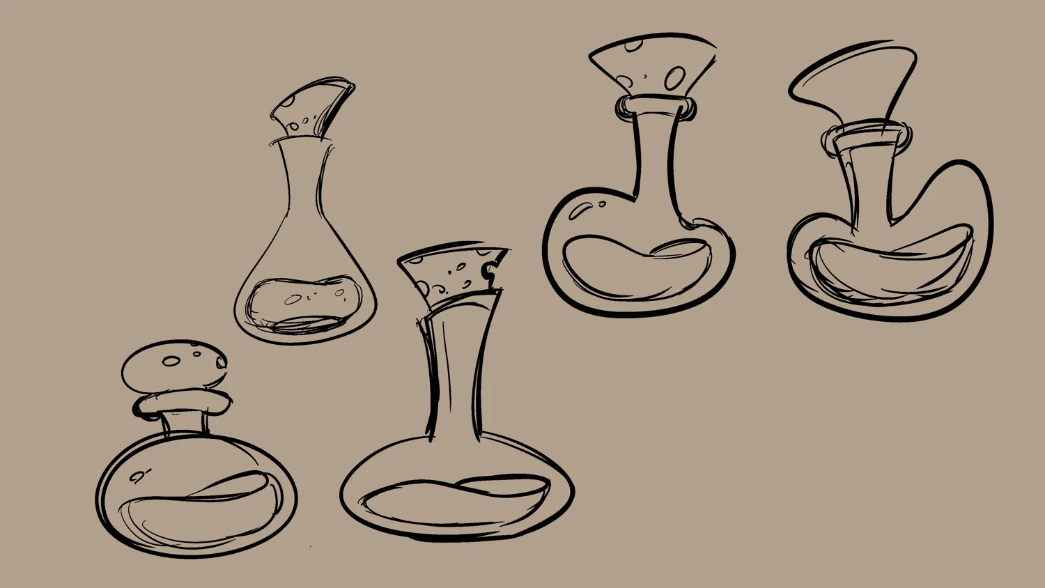 Line drawings of round and tall potion bottles with cork stoppers