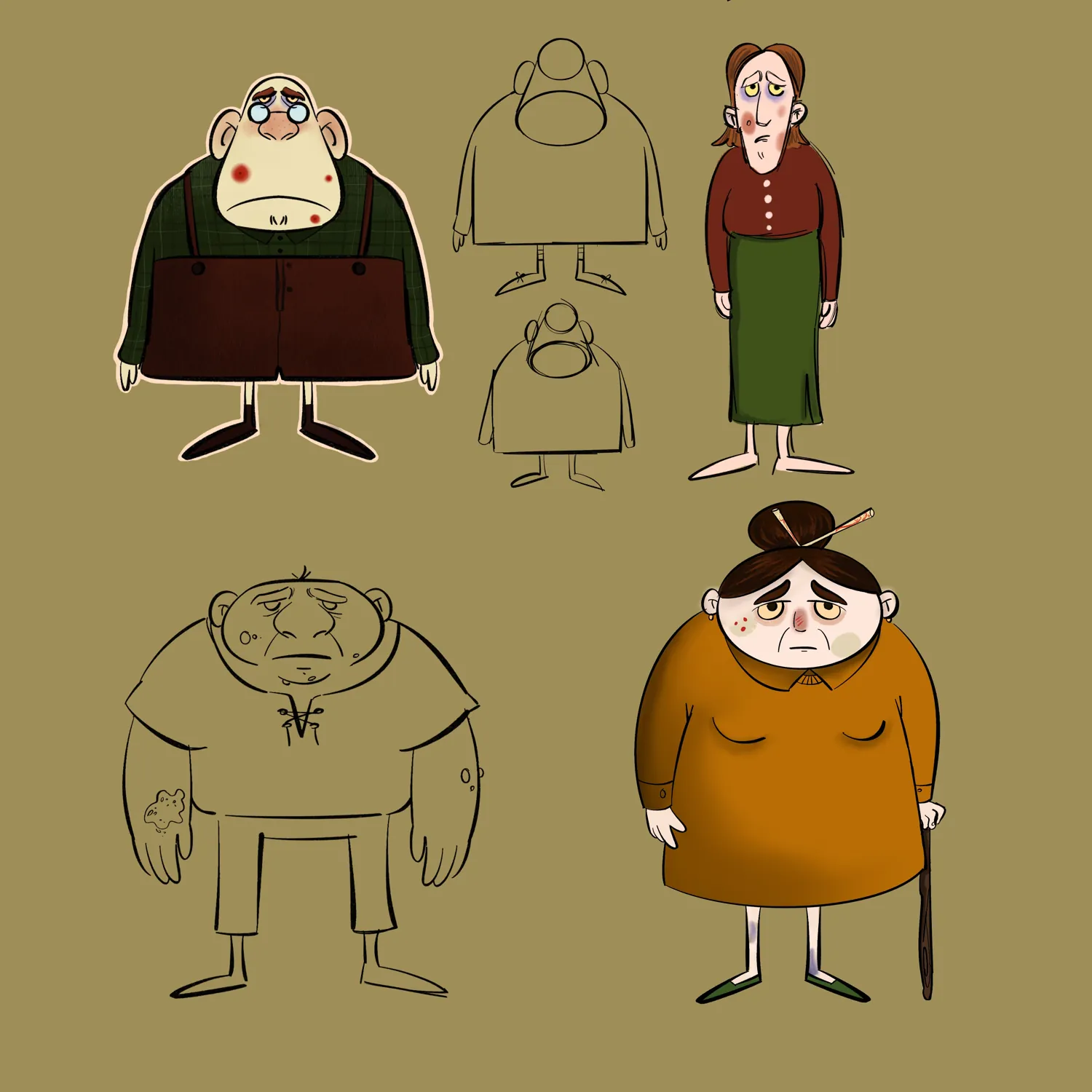 The villager cast again on an olive ground, with a woman in a mustard coat holding a cane
