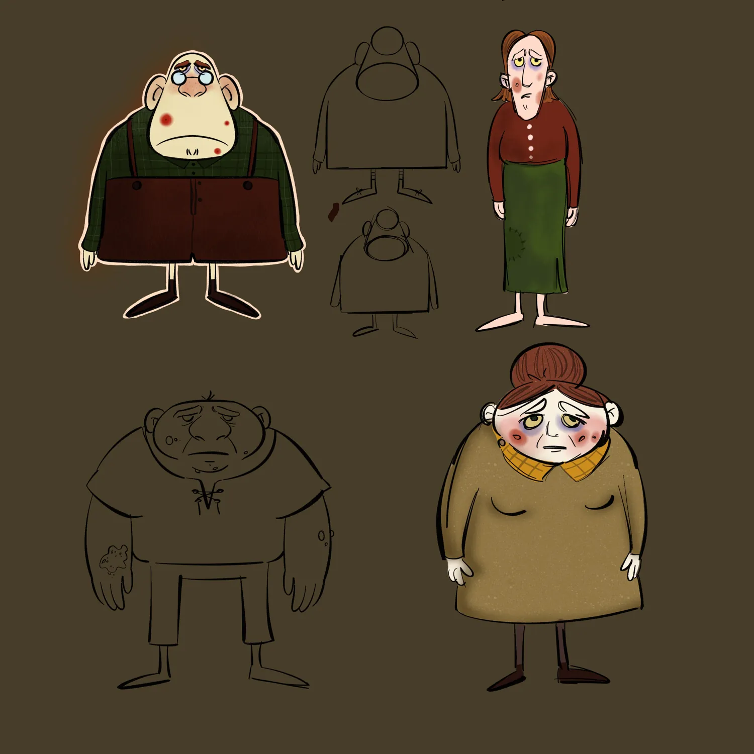 Four villager characters in colour on a brown ground: a heavy man in braces, a thin woman in a green skirt, a stooped man and a woman in a mustard coat